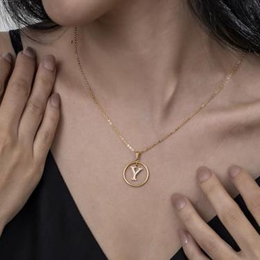 Imagem de Colar de strass com inicial A-Z - Joias delicadas com pingente circular com corrente ajustável, colar de alfabeto personalizado para mulheres,, F, Aço inoxidável, Sem Pedra Preciosa