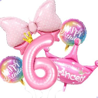 Imagem de Princesas 6 balões de aniversário suprimentos de festa, hélio 101,6 cm grande arco de coroa de folha 6ª festa decoração de balão para meninas princesa 6 anos de idade decorações de aniversário