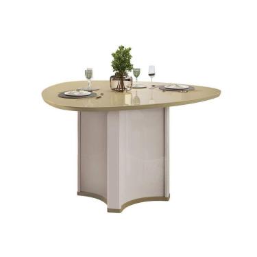Imagem de Mesa Multiuso Cozinha C- Tampo Madeirado C- Vidro Orgânico 136x136cm Off White-dourado - Dj Móveis