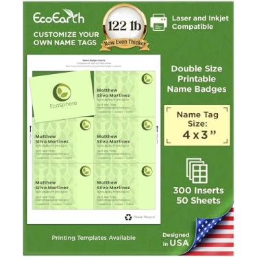 Imagem de EcoEarth - Inserções de crachá de nome - 7,6 x 10 cm, 300 cartões, 50 folhas, papelão de 180 g - Recargas de etiqueta de nome em branco personalizável para crachás - Etiquetas de identificação