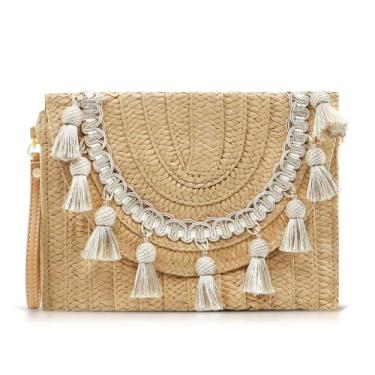 Imagem de QTKJ Bolsas transversais para mulheres, bolsas clutch com borla de palha, pacote envelope de tecido boêmio feito à mão, bolsas para mulheres, férias, viagens diárias, Caqui, One Size