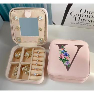 Imagem de Caixa de joias de viagem rosa com inicial personalizada, pequena caixa organizadora de joias para mulheres, presente de viagem com inicial "V" - rosa