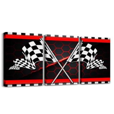 Imagem de Conjunto de 3 arte de parede em tela de carro de corrida para meninos, esportes radicais azul-petróleo geométrico para sala de estar quarto, 3D quadriculado preto branco bandeira pintura tela