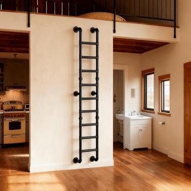 Imagem de Escada montada na parede de 2 m, capacidade de 204 kg, escada de escape de incêndio de tubo de aço de 9 degraus para janela de saída e porão, loft industrial montado na parede/chão