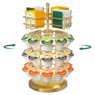 Imagem de EsLuker.ly K Porta-copos organizador de cápsulas de café carrossel para bancada, suporte giratório de metal de 4 camadas para xícaras e saquinhos de chá de 30 K, conveniência encontra elegância, ouro