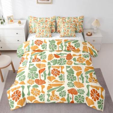 Imagem de Conjunto de edredom moderno de meados do século com lençol geométrico, geométrico, boêmio, floral, 7 peças, fofo, amarelo, verde e patchwork, lençol em uma bolsa, tamanho Queen, geométrico, estético