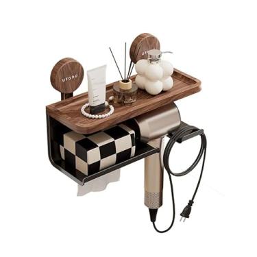 Imagem de Reflygen Organizador de parede com ventosa de sucção, suporte de secador de cabelo de papel higiênico para artigos de higiene pessoal, ferramentas de cabeleireiro e decorações (cor de grão de madeira)