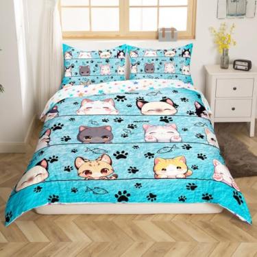 Imagem de Manfei Capa de edredom queen adorável gato animais animais de estimação, capa de edredom fofo gatinho com 2 fronhas, conjunto de cama decorativo respirável estilo desenho animado azul, edredom não