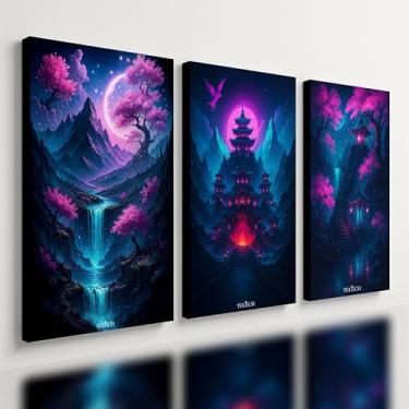 Imagem de Kit 3 Quadro Decorativo Paisagem Japonesa Japão Samurai Rosa Quarto Qualidade Premium Luxo (40x28cm)