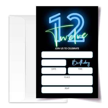 Imagem de ANYEMW Convites de aniversário de 12 anos Neon Glow 10 x 15 20 cartões com 20 envelopes para meninos e meninas Convites de festa de 12 anos (193)
