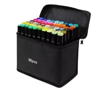 Imagem de KIT DE Caneta Marcadora 80/120 CORES+LIVRO 48 FOLHAS Ponta Dupla Conjunto de canetas colorida marker Artes (60 CORES+URSO AZUL)