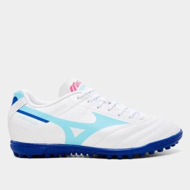 Imagem de Chuteira Society Mizuno Morelia Club Unissex, Branco, Azul claro, 40