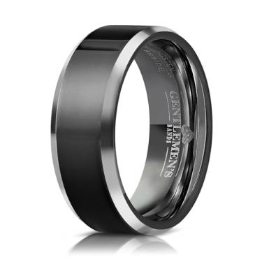 Imagem de Aliança de casamento masculina de carboneto de tungstênio preto - Aliança de casamento preta de tungstênio de grau premium chanfrada - Inclui pulseira de silicone, bolsa de couro com cordão e caixa de