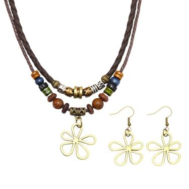 Imagem de ROJEMXVE Conjunto de brincos de contas de madeira em camadas Boho para mulheres, homens, couro de madeira marrom, gargantilha boêmia, joias para presentes, One size, Madeira, Ferro
