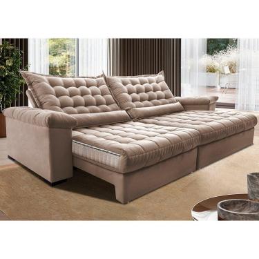 Imagem de Sofá Retrátil E Reclinável 2,55m Molas Ensacadas Cama Inbox Big Space Com Bordado 3d Velusoft Bege