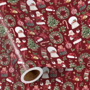 Imagem de RUSPEPA Rolo de papel de embrulho de Papai Noel, mini rolo, design vintage de Papai Noel, árvore, grinalda e enfeite de Natal, embrulho de presente vermelho e verde festivo para temporada de férias