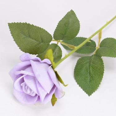 Imagem de 5 peças de flores artificiais – flores de rosas roxas com folhas, arranjos florais falsos para casa, banheiro, escritório, mesa, mesa central, prateleira, decorações de casamento