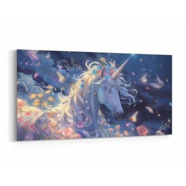 Imagem de Arte de parede em tela de unicórnio em aquarela, céu estrelado, margarida, flores românticas, decoração de parede, arte de casa para sala de estar e quarto, pôsteres de pintura de parede de animais