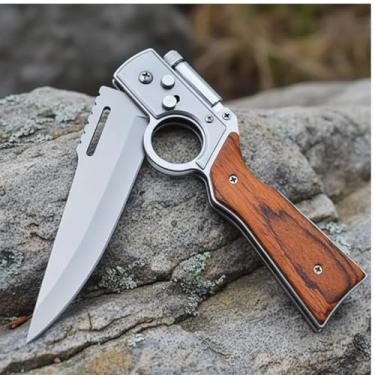 Imagem de Canivete Tático Dobrável 25cm com Lanterna LED, Trava de Segurança por Botão, Lâmina em Aço Inox, Punho de Madeira + Estojo