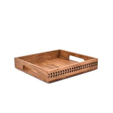 Imagem de Bandejas de servir de madeira de acácia para café da manhã com alças ergonômicas – Bandeja de madeira rústica para mesa de café, jantar ou decoração de cozinha (25 x 25 x 4,4 cm)