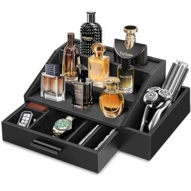 Imagem de Organizador masculino de colônia, prateleira de colônia de 3 níveis para armazenamento de perfume, organizador rústico de suporte de perfume com gaveta de forro de feltro e compartimento oculto, peças