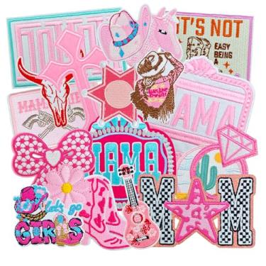Imagem de Crocode tears Remendos Western Iron On Cowboy Cowgirls Bordado para Chapéus 19 peças Rosa Mama Aplique Bordado para Mochila, Roupas Jeans Heat Press