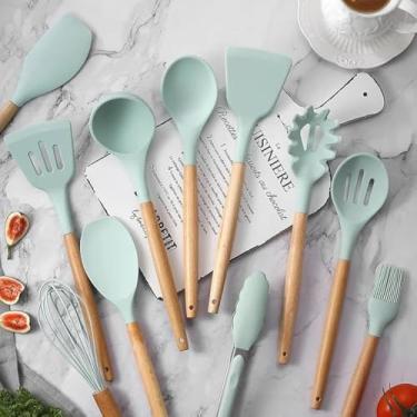 Imagem de GlowArk Conjunto de utensílios de cozinha de silicone de 12 peças: Resistente ao calor até 230 °C. Inclui espátula, pinça, espátula, escova, batedor, alças de madeira, suporte para panelas