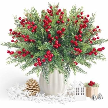 Imagem de TurelinnG 6 pacotes de flores artificiais de Natal, ramos falsos de pinheiro Norfolk com raminhos artificiais de frutas vermelhas, perfeitos para guirlanda de Natal e decorações de mesa de Natal