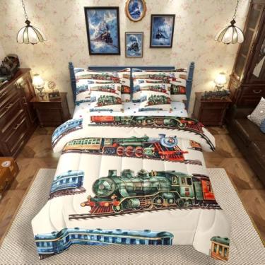 Imagem de Erosebridal Conjunto de cama solteiro com trem de meninos, 7 peças, vintage, trem a vapor, conjunto de edredom com lençóis, veículo de transporte para quarto de crianças e adolescentes
