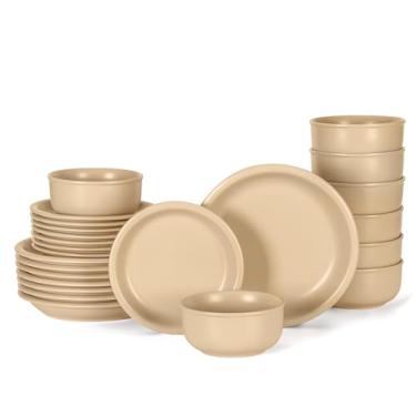 Imagem de GZG Série Vintage – Conjunto de louça de cerâmica para 8, 24 peças, conjunto de pratos e tigelas de grés, sem chumbo, conjunto de pratos artesanais, seguro para micro-ondas e lava-louças - damasco