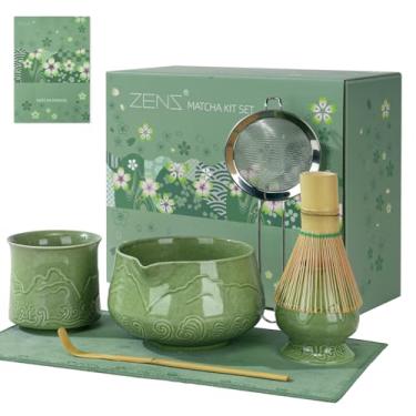 Imagem de ZENS Conjunto de batedor Matcha, conjunto de 7 peças Matcha com tigela de cerâmica e copo Matcha, batedor de bambu e peneira (suporte de chasen), colher - toalha de chá, chawan japonês para fazer