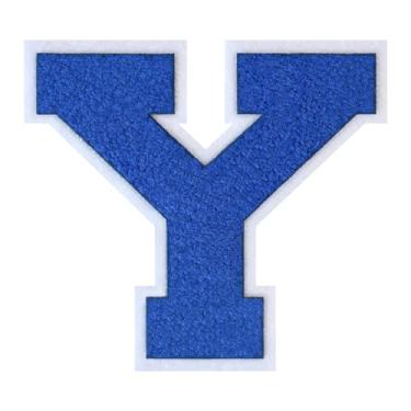 Imagem de 1 peça de patch de letra de chenille azul de 15 cm com borda branca – adesivos do alfabeto para roupas, jaquetas, mochilas, chapéus para decoração personalizada, nome personalizado e artesanato. (Y)