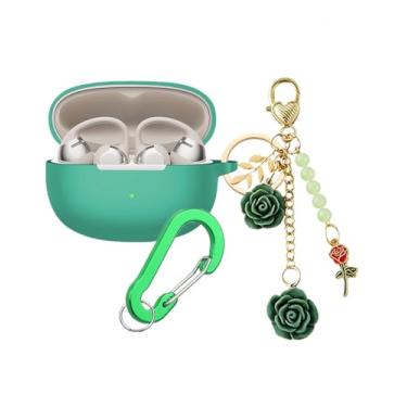 Imagem de Capa para SHOKZ OpenDots ONE Capa com chaveiro de flor, linda capa protetora de silicone macio para fones de ouvido abertos OpenDots ONE E310 com mosquetão para mulheres e meninas (verde escuro)