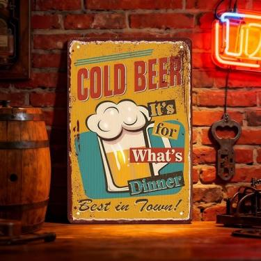 Imagem de 1 peça de arte de parede de placa de lata de cerveja vintage - decoração de pub de metal à prova de ferrugem com frases retrô Cold Beer Best in Town, Bar & Man Cave Placa de metal, laranja
