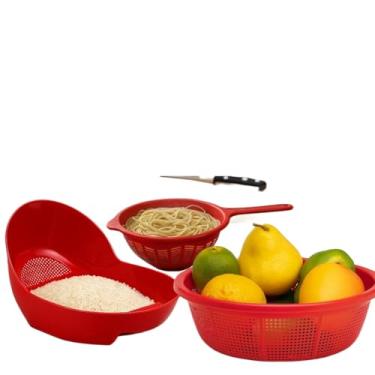 Imagem de Secador de Salada，Seca Salada Manual，Conjunto Multifuncional de 3 PeçAs，Material PláStico，Adequado para Lavar Frutas, MacarrãO, Arroz, Etc.(Vermelho)
