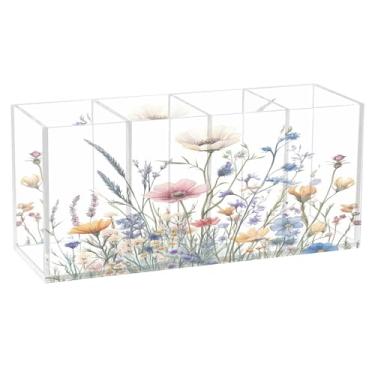 Imagem de SEHANY Porta-canetas de acrílico com flores silvestres coloridas, 4 compartimentos, porta-lápis transparente, organizador de pincéis de maquiagem, organizador de papelaria para escritório, casa