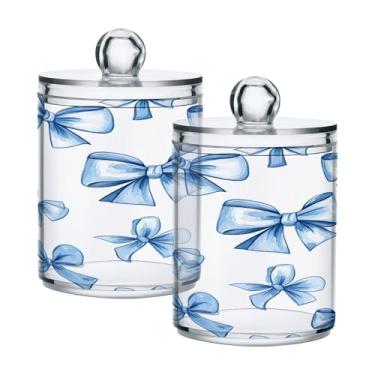 Imagem de ATTX Dispensador de suporte Qtip Blue Bows para bola de algodão, cotonete, frasco de boticário de plástico transparente, pote de armazenamento de cozinha para decoração de casa, pacote com 2 (173)