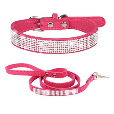 Imagem de HimyBB Coleira de cachorro com strass + conjunto de coleira de cachorro para animais de estimação pequenos e filhotes de cachorro fofa deslumbrante veludo brilhante couro rosa G