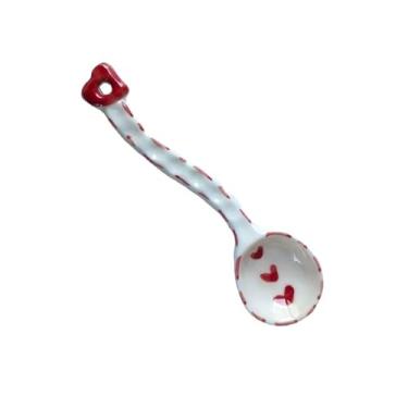 Imagem de Concha de sopa 2 pçs colher de sopa cerâmica bonito alça dobra única pequena, sobremesa perfeita para café da manhã, sobremesas(Red)