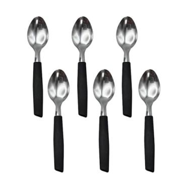 Imagem de Kit 6 Colheres de Chá e Sobremesa Cabene Premium - Aço Inoxidável Polido, Cabo Plástico Preto Ergonômico - Ideal para Café, Bolo e Uso Diário