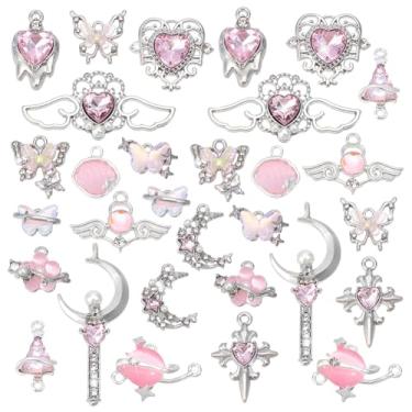 Imagem de PH PandaHall 30 pingentes góticos pingentes de cristal rosa, 15 estilos borboleta coração lua cruz pingentes de liga para colar, pulseira, brinco, joias, artesanato DIY