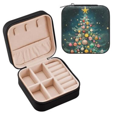 Imagem de Wassud Caixa de joias de viagem colorida de árvore de Natal para mulheres, meninas, senhoras, noiva, mini organizador de joias de couro PU, caixa quadrada de armazenamento de joias para brincos, anéis