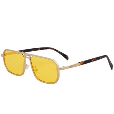 Imagem de Óculos de sol retrô de metal quadrado vazado feminino, moda masculina, clássico, para dirigir, viajar, pescar, UV400 (dourado e amarelo)