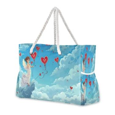 Imagem de Wassud Bolsa de praia adorável anjo grande bolsa de praia para mulheres, impermeável, à prova d'água, à prova de areia, bolsa de viagem com zíper e bolso, piscina, academia, acampamento, bolsa