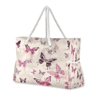 Imagem de Wassud Bolsa de praia linda borboleta grande bolsa de praia para mulheres, impermeável, à prova de areia, bolsa de viagem com zíper e bolso para piscina academia acampamento