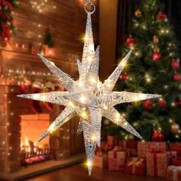 Imagem de Retisee Luz pendente de estrela da Morávia 3D com glitter de 35,5 cm, alimentado por bateria, estrelas de Natal iluminadas para Natal, inverno, varanda, lanterna, quintal, tradição da Morávia