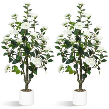 Imagem de UPBUD Camélia artificial pacote com 2 – Planta falsa realista de 101 cm com flores brancas, camélias falsas realistas para casa, sala de estar, pátio, casamento, decoração de eventos