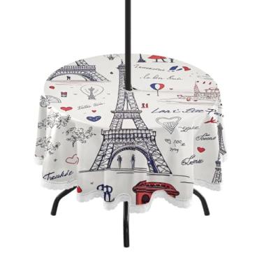 Imagem de Qilmy Toalha de mesa redonda à prova d'água da Torre Eiffel de Paris de 152 cm com orifício para guarda-chuva e zíper – uso externo / interno resistente para pátio, churrascos, piqueniques, festas
