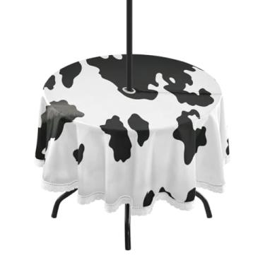 Imagem de Qilmy Toalha de mesa redonda impermeável de vaca preta branca de 152 cm com orifício para guarda-chuva e zíper – uso externo / interno resistente para pátio, churrascos, piqueniques, festas (serve
