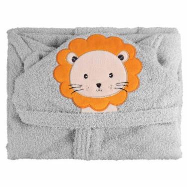 Imagem de Roupão de Felpa Soft Liso com Capuz Bordado - Baby Joy, Leãozinho cinz